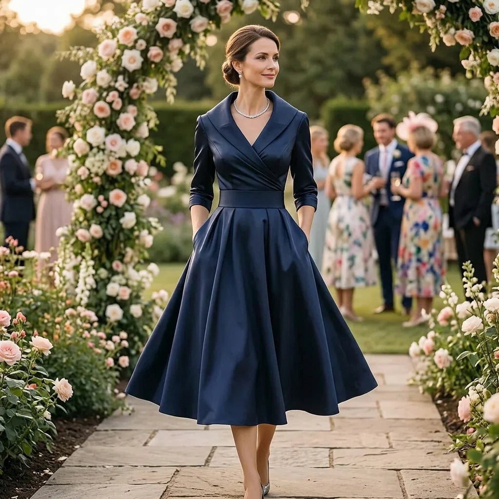 Beatriz – Elegancka sukienka midi z kołnierzem i kopertową górą