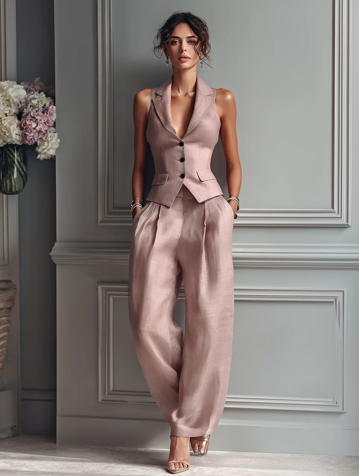 Two-Piece Set Women's Tailored Vest and Wide-Leg Trousers - Image 3