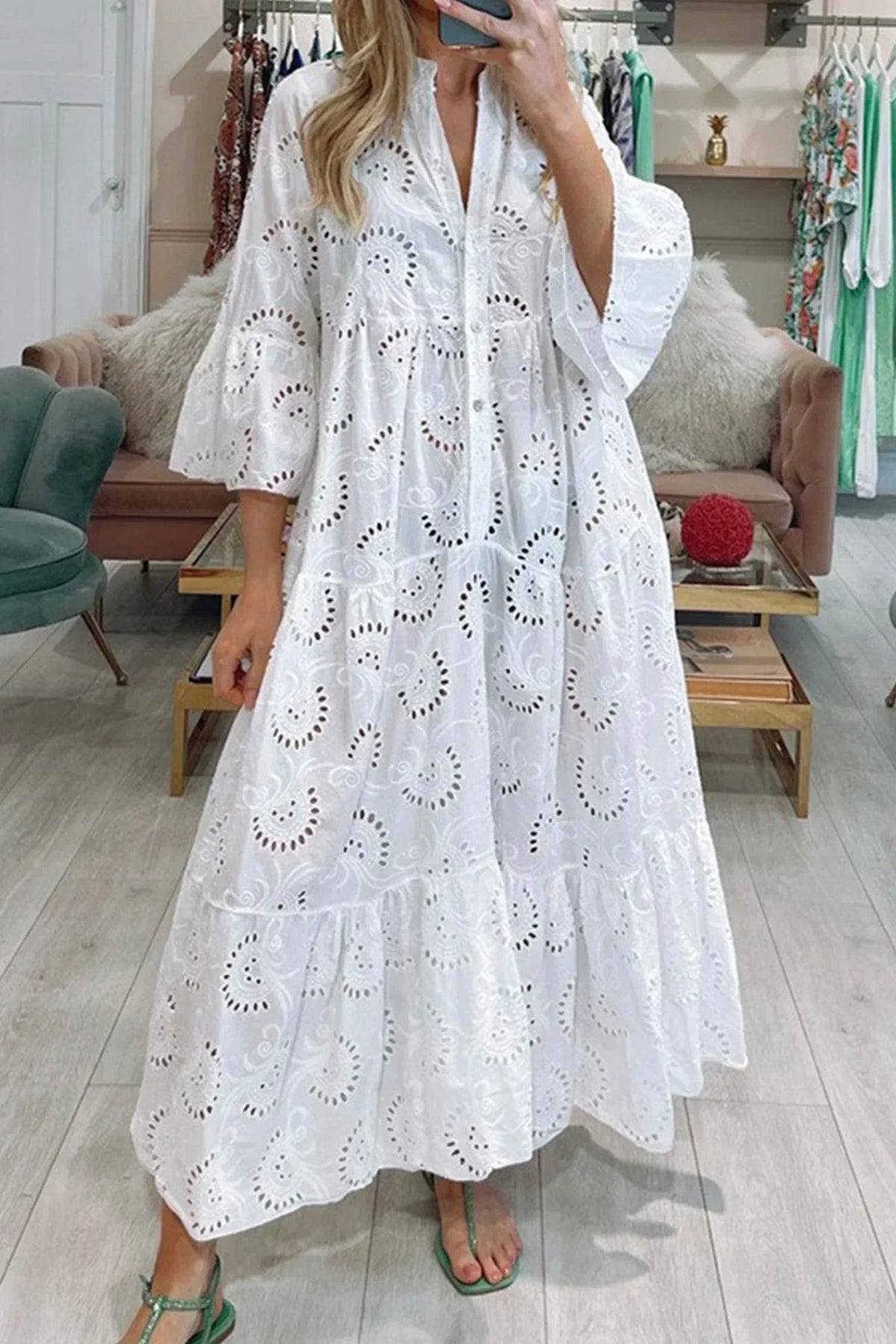 Helga – Elegant 3/4 sleeves and a V-neck Dress - Image 1