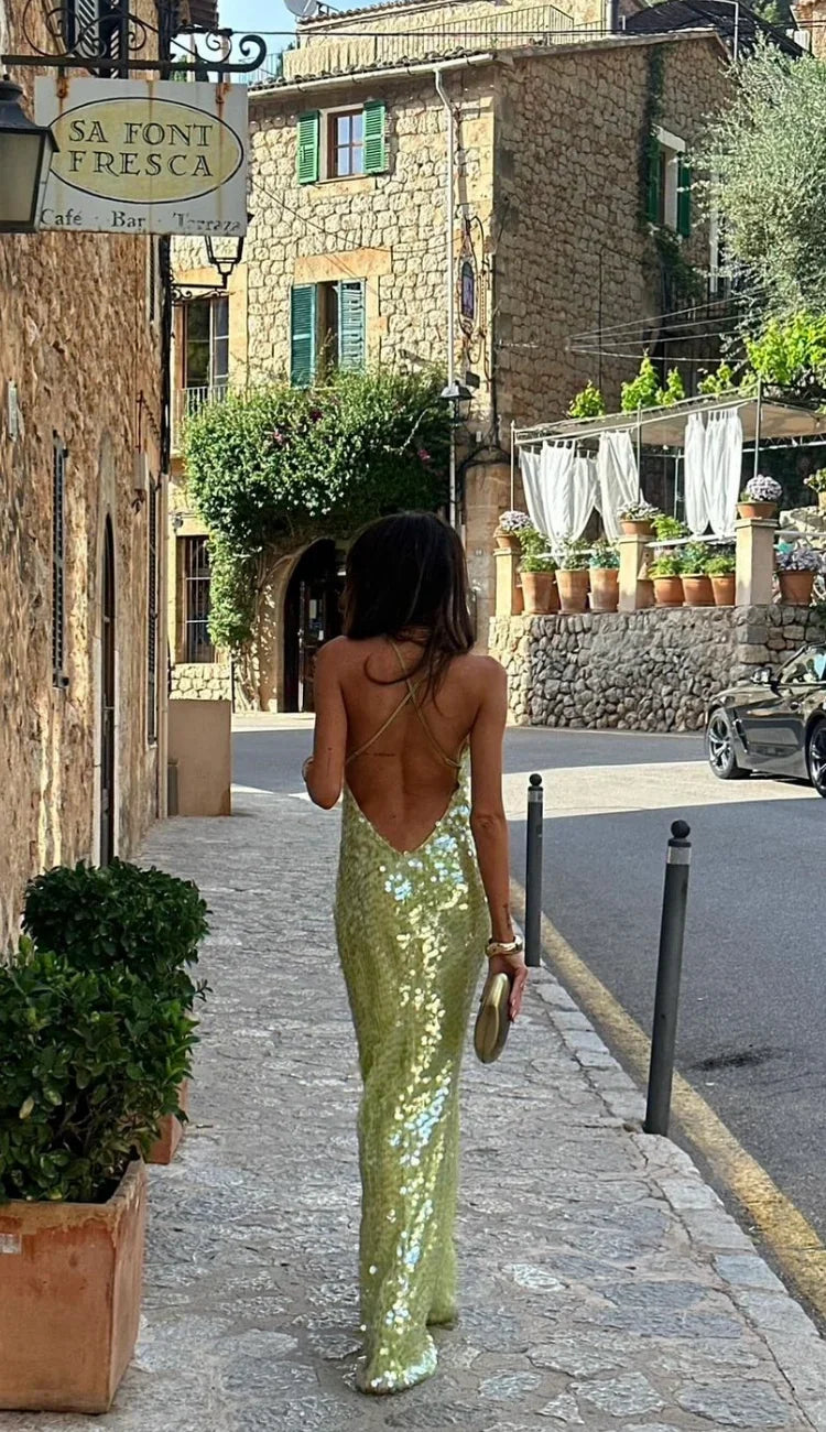 Theresa – Long Green Sequined Backless Dress - Image 4