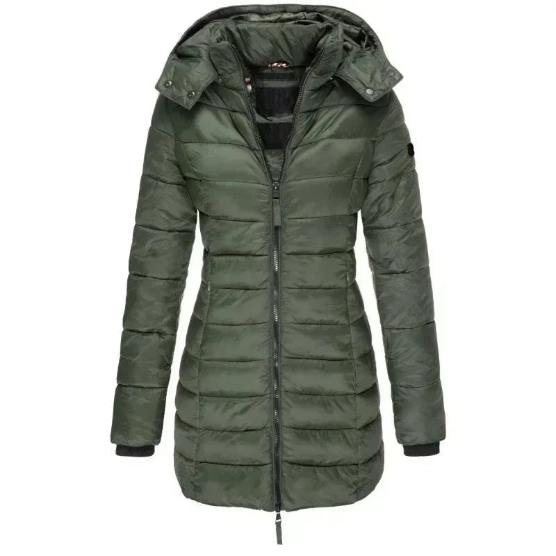Stylische Damen-Daunenjacke mit Kapuze und durchgehendem Reißverschluss - J&B - 7 - Atelier-Zofia