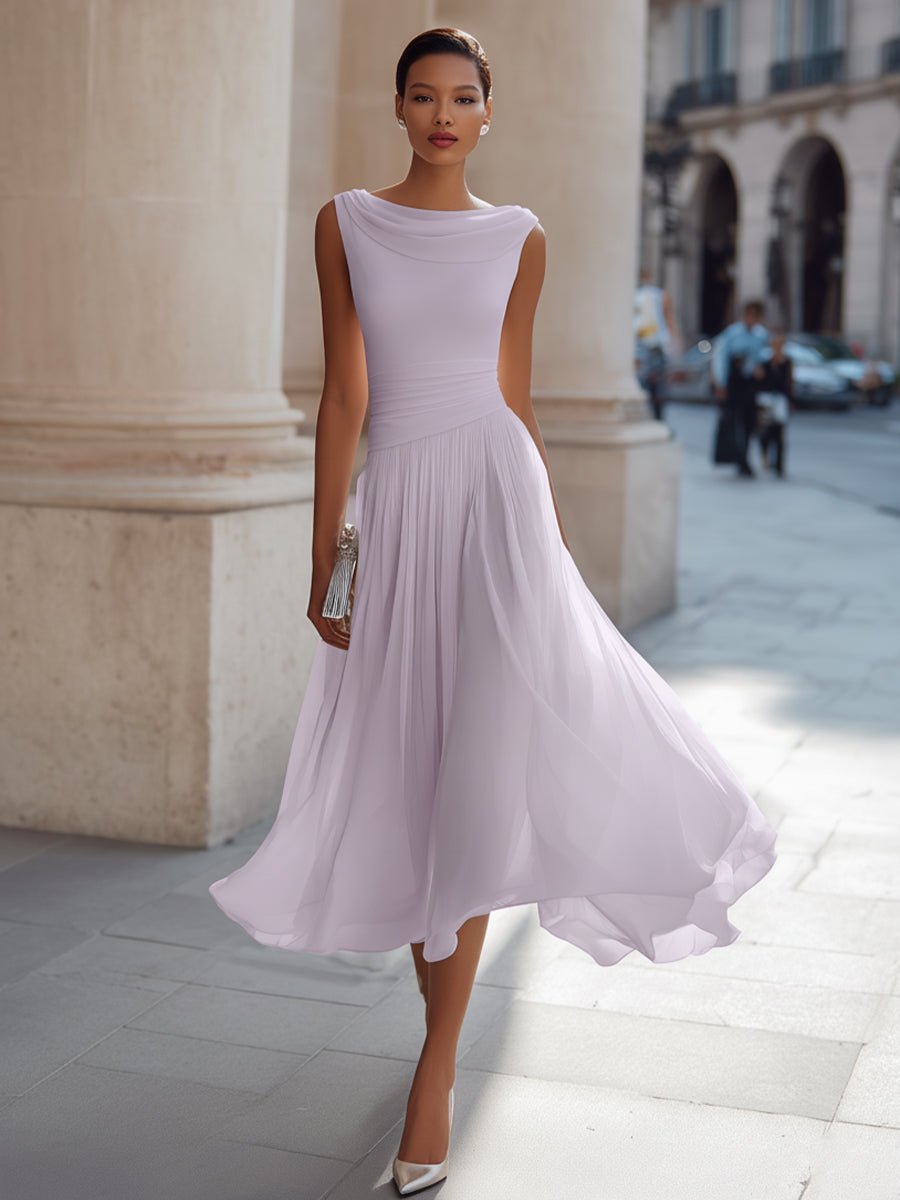 Midi Dress Women's Elegant Pleated Style with Cowl Neckline - Image 7